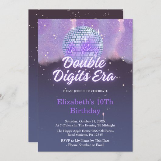 In My Double Digits Era 10th Birthday Disco Ball 招待状 (正面/裏面)