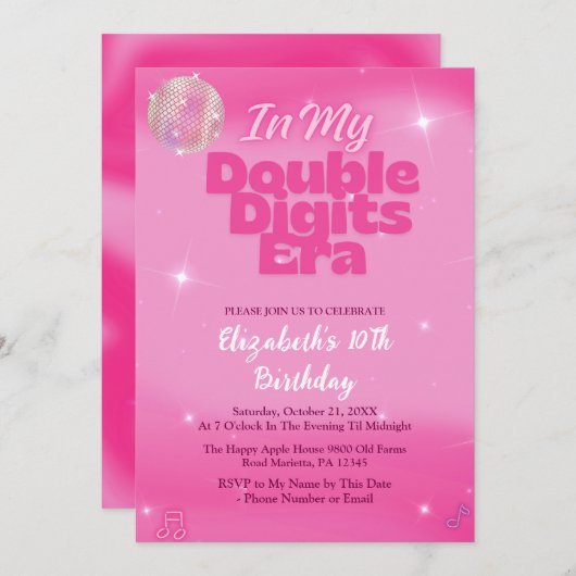 In My Double Digits Era Pink 10th Birthday 招待状 (正面/裏面)