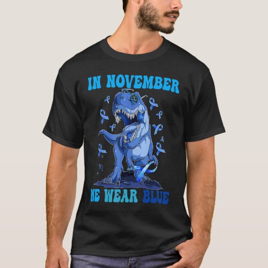 In November We Wear Blue Dinosaur Diabetes Awarene Tシャツ (正面)