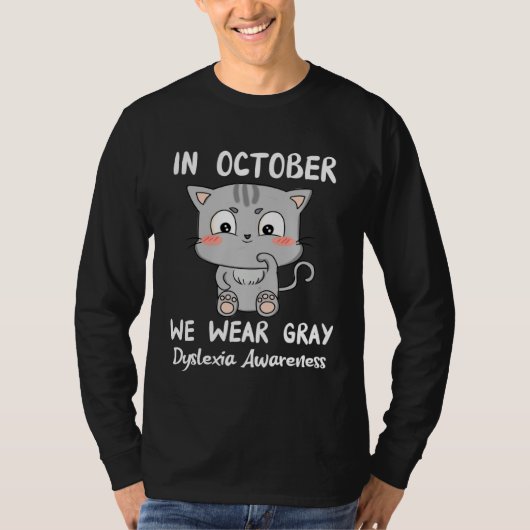 In October We Wear Gray Cat Dyslexia Awareness Kid Tシャツ (正面)