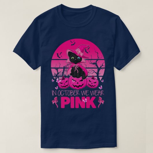 In October We Wear Pink Cute Cat Halloween Breast Tシャツ (デザイン正面)