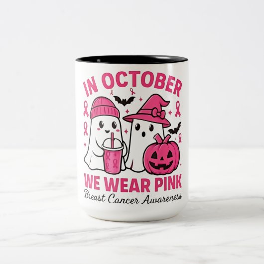 in October We Wear Pink Ghost Breast Cancer Awaren ツートーンマグカップ (中央)