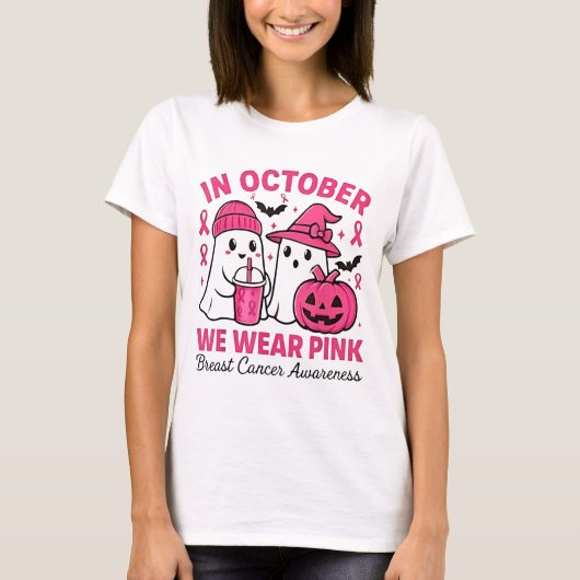 in October We Wear Pink Ghost Breast Cancer Awaren Tシャツ (正面)