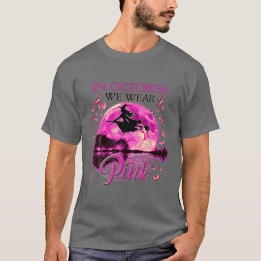In October We Wear Pink Ribbon Witch Halloween Bre Tシャツ (正面)