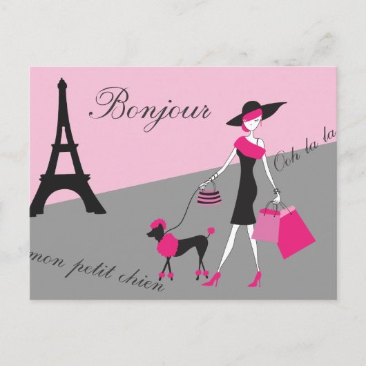 In Paris Woman and Dog Pink and Black ポストカード (正面)
