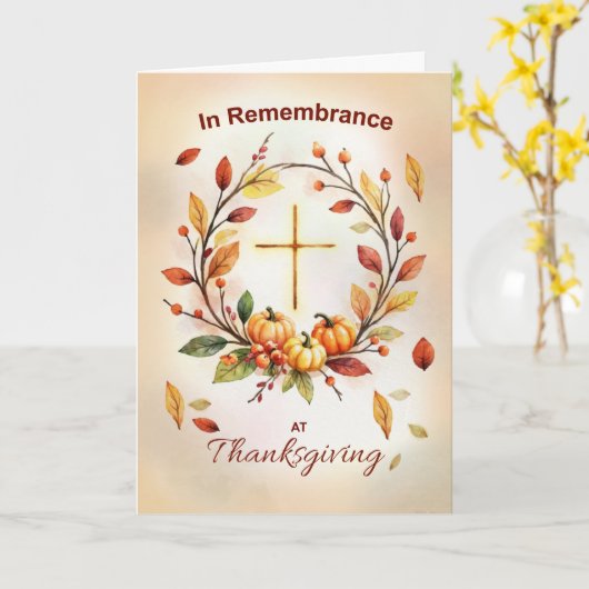 In Remembrance Religious Thanksgiving Wreath Cross カード (黄色い花)