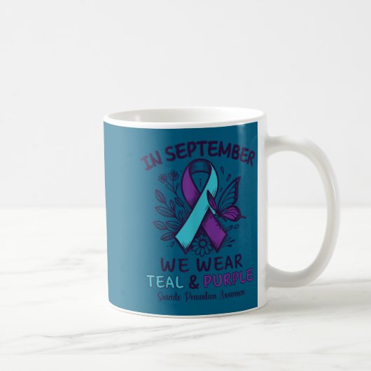 In September We Wear Teal Purple Ribbon Suicide Pr コーヒーマグカップ (右)