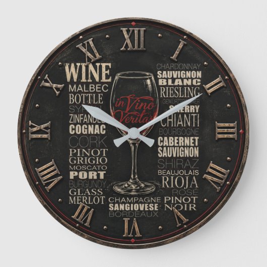 In Vino Veritas Wine Variety Typography ラージ壁時計 (正面)