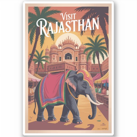 India Rajasthan Illustration Travel Art Vintage シール (正面)