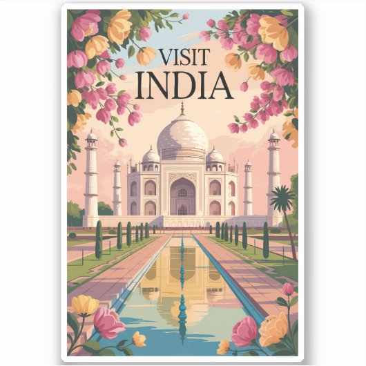 India Taj Mahal Illustration Travel Art Vintage シール (正面)
