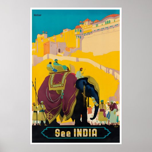 India Travel Poster Indian Print Elephant Art ポスター (正面)