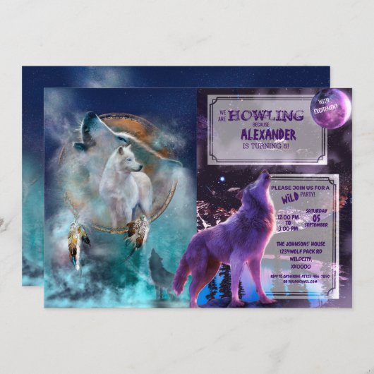 Indian dreamcatcher and ethnic tribal head wolf 招待状 (正面/裏面)