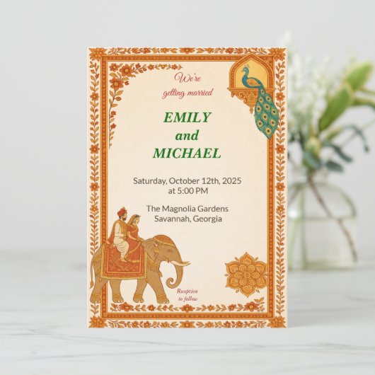 Indian Elephant & Peacock Floral Wedding Invitatio 招待状 (スタンド正面)