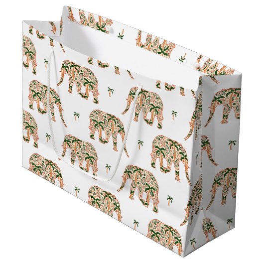 Indian Floral Paisley Ornate Elephants ラージペーパーバッグ (正面アングル)