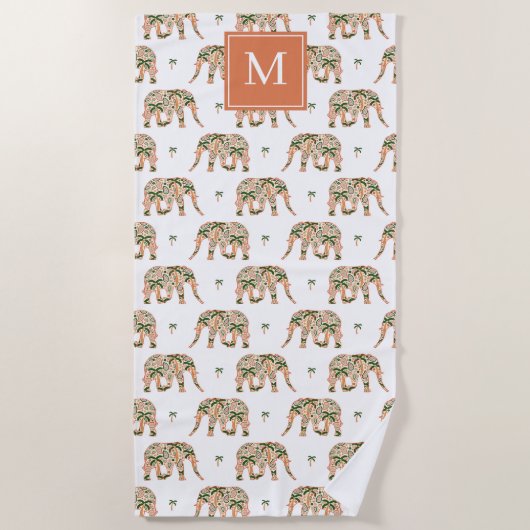 Indian Floral Paisley Ornate Elephants Monogrammed ビーチタオル (正面)