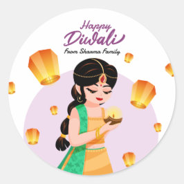 Indian Girl with Floating Lanterns Happy Diwali ラウンドシール