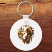 Indian Native American Woman With White Wolf Vinta キーホルダー (正面)