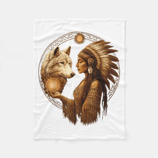 Indian Native American Woman With White Wolf Vinta フリースブランケット (正面)