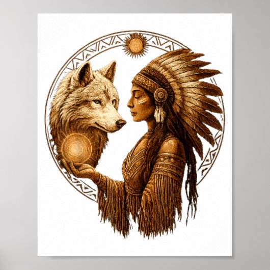 Indian Native American Woman With White Wolf Vinta ポスター (正面)