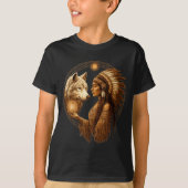 Indian Native American Woman With White Wolf Vinta Tシャツ (正面)