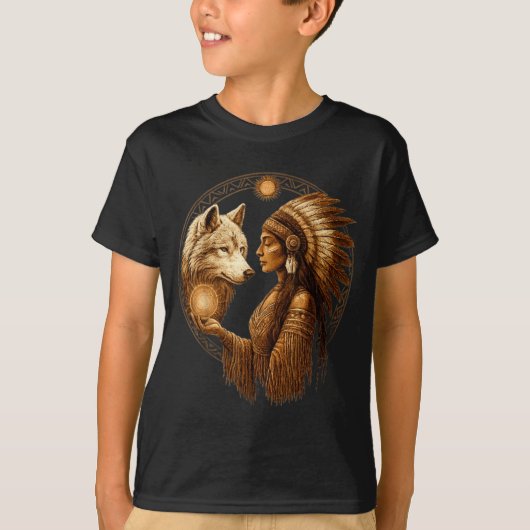 Indian Native American Woman With White Wolf Vinta Tシャツ (正面)