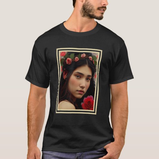 Indian Native American Young Princess and Roses No Tシャツ (正面)