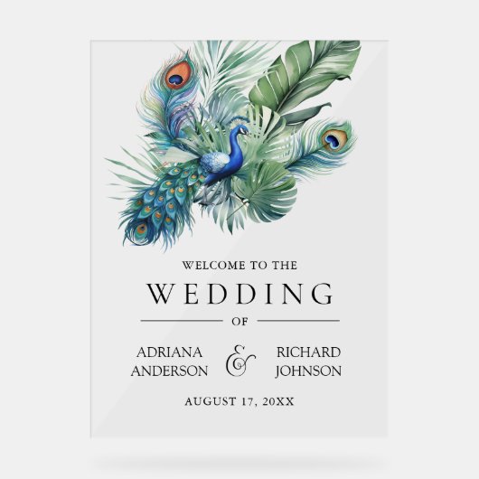 Indian Peacock Feathers Wedding Welcome アクリルサイン (正面)