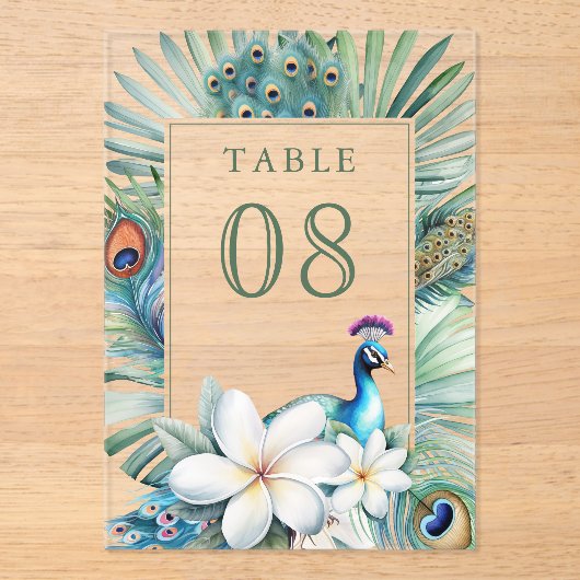 Indian Peacock Floral Wedding Acrylic Table Number アクリル招待状 (正面)