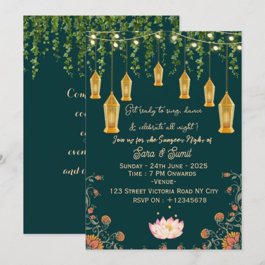Indian Wedding Sangeet Night Ceremony Invitations  招待状 (正面/裏面)