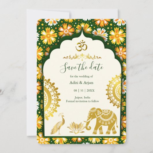 Indian Wedding Save the Date – Emerald ivory Gold  招待状 (正面)