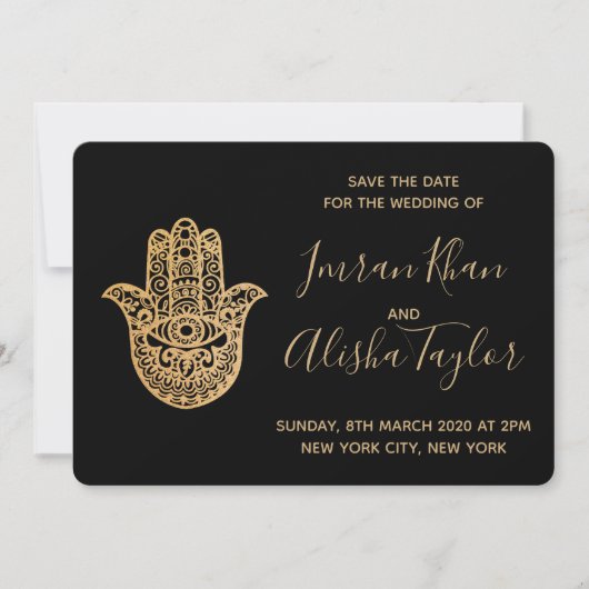 Indian Wedding Save the date Gold hamsa Henna セーブザデート (正面)