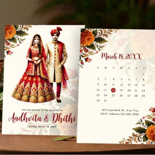 Indian Wedding with Traditional Bride & Groom 招待状