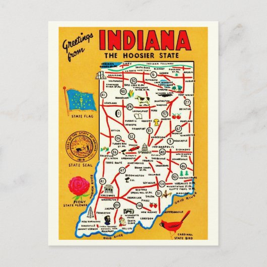  Indiana Hoosier Map Postcard ポストカード (正面)