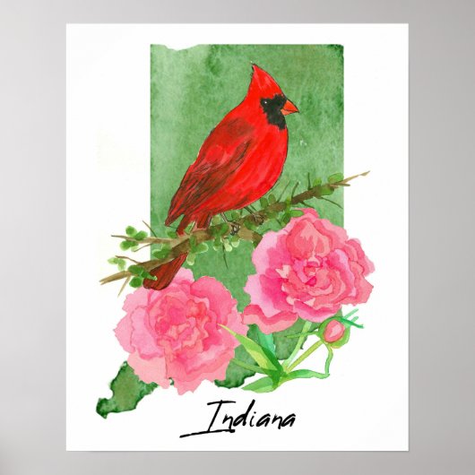 Indiana State Shape Hoosiers Cardinal Peonies  ポスター (正面)