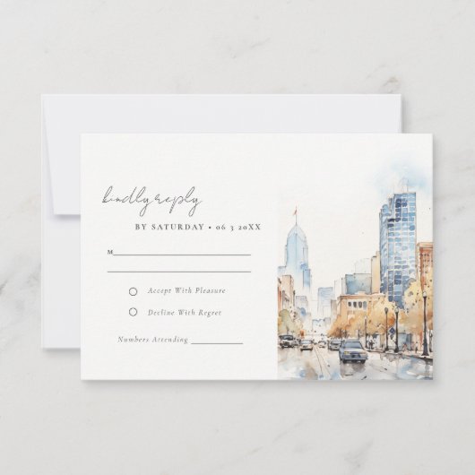 Indianapolis Indiana Landscape Watercolor Wedding 出欠カード (正面)