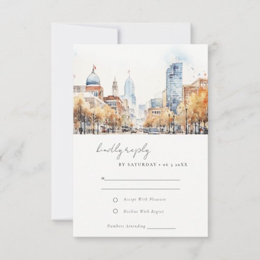 Indianapolis Indiana Landscape Watercolor Wedding 出欠カード (正面)