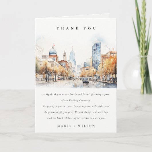 Indianapolis, Indiana Watercolor Landscape Wedding サンキューカード (正面)