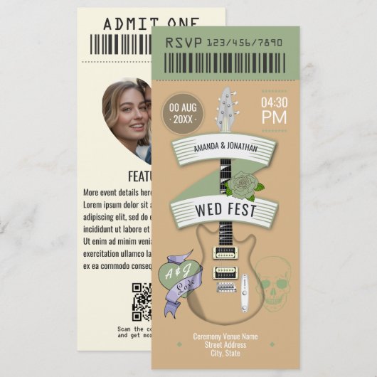 Indie Acoustic Rock ’n’ Roll Wedding Ticket 招待状 (正面/裏面)
