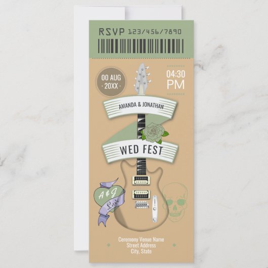 Indie Acoustic Rock ’n’ Roll Wedding Ticket 招待状 (正面)