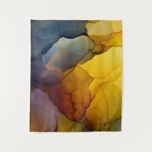 Indigo Amber Alcohol Ink Flow Abstract タペストリー (正面)