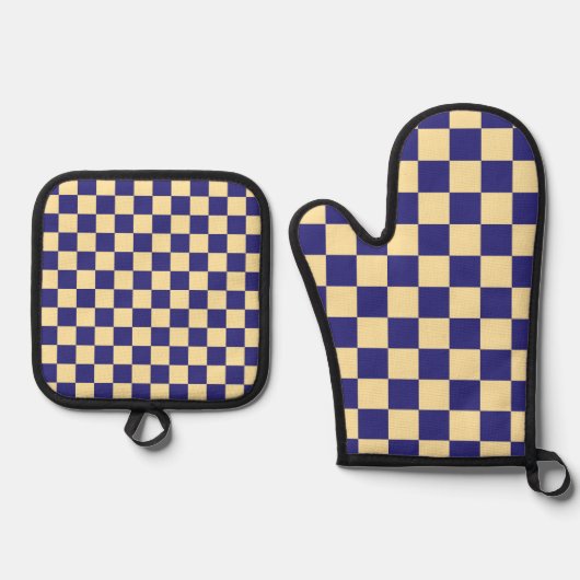 Indigo and butter checkerboard pattern 鍋つかみ&鍋敷きセット (正面)