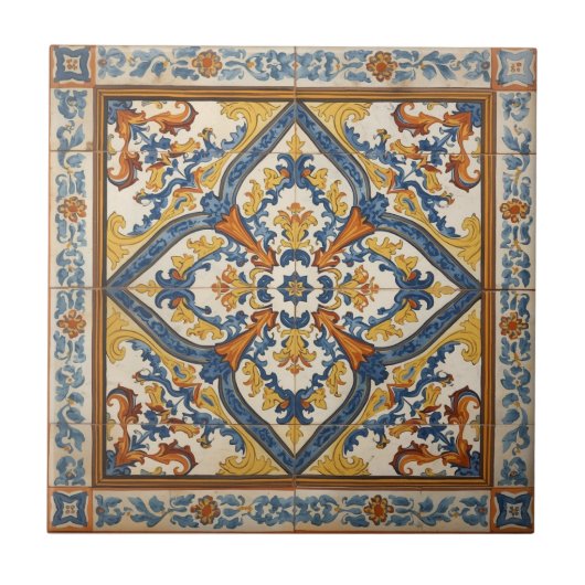 Indigo Azulejo Blue and yellow Portuguese タイル (正面)