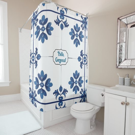 Indigo Azulejo Blue Portuguese Lisbon シャワーカーテン (インサイチュ)