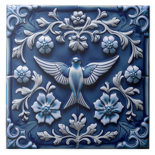Indigo Azulejo Blue Portuguese Lisbon bird タイル (正面)