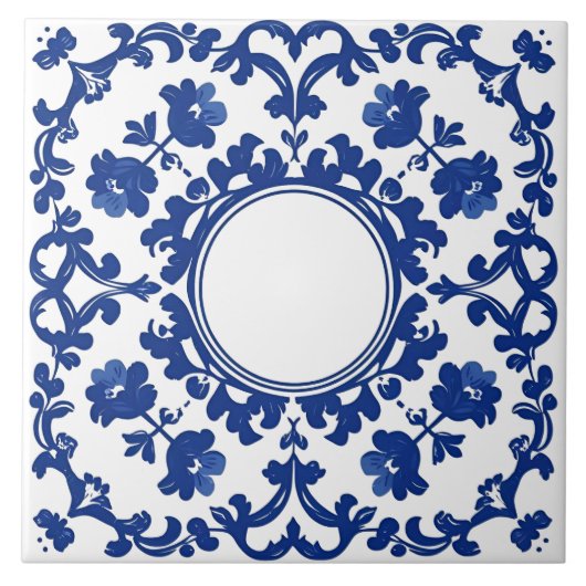 Indigo Azulejo Blue Portuguese Lisbon Botanical タイル (正面)