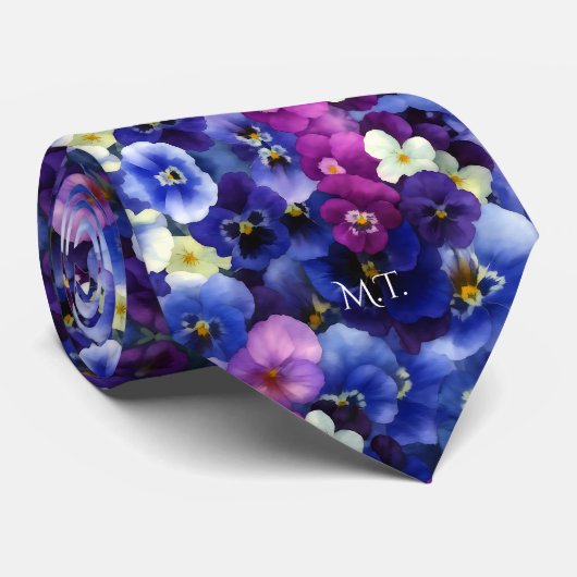 Indigo Blue Violet Purple Pansies Watercolor  ネクタイ (ロール)