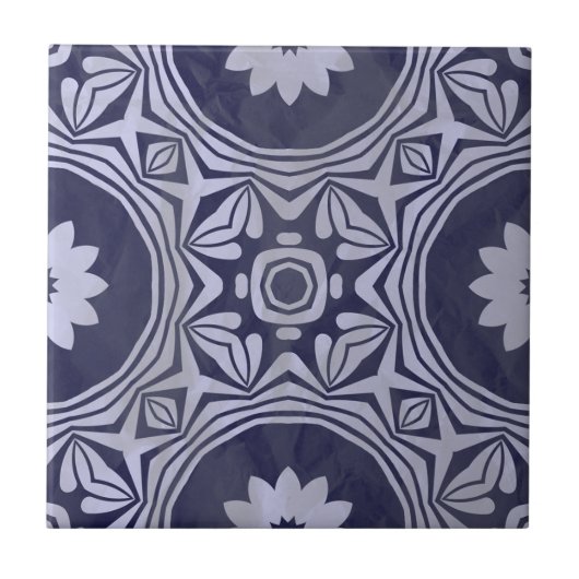 Indigo Blue White Mandala Floral Moroccan Azulejo タイル (正面)