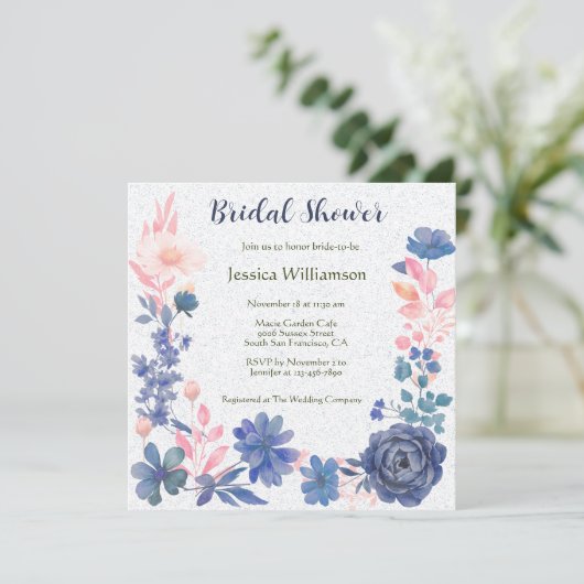 Indigo Blush Florals Bridal Shower Customize 招待状 (スタンド正面)