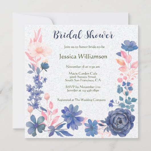 Indigo Blush Florals Bridal Shower Customize 招待状 (正面)