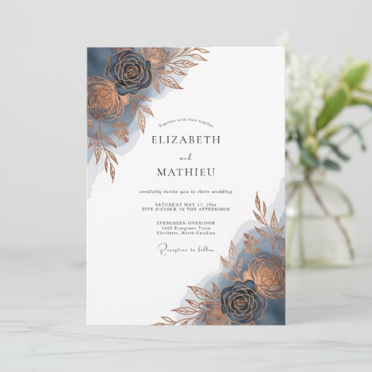 Indigo Brushstroke Bloom Wedding 招待状 (スタンド正面)